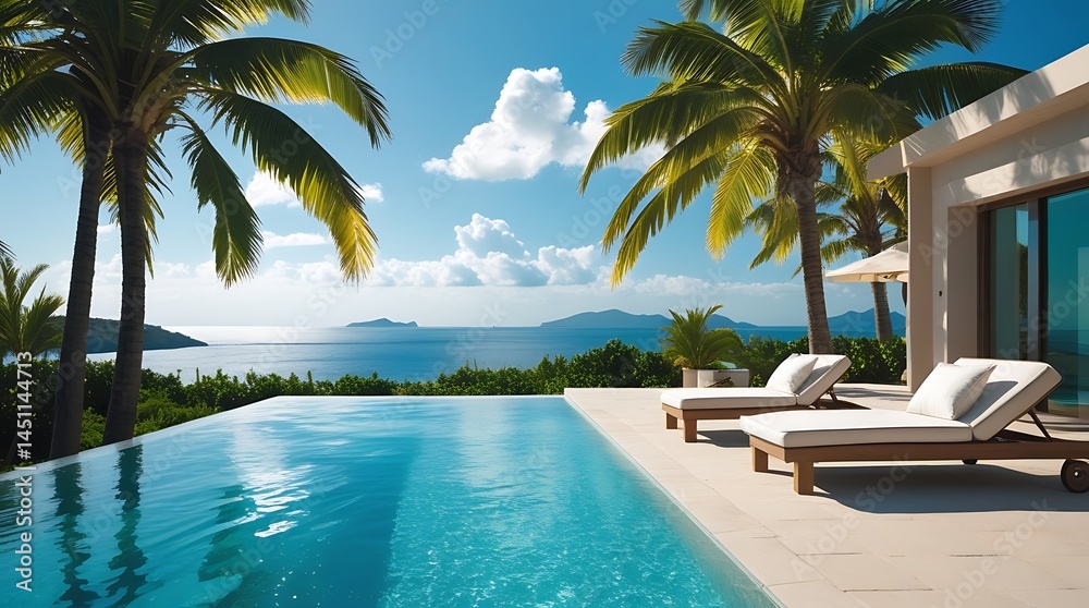 Fototapeta premium Idyllic vacation setting featuring beachfront pool, lounge chairs, and panoramic island scenery, perfect for travel, summer getaways, and exotic tropical escapes