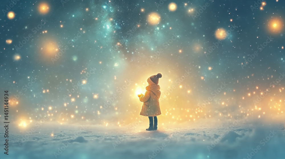 Enchanting winter night scene with a person in warm coat standing among glowing lights and falling snow under a starry sky creating a magical festive atmosphere Enchanting winter night scene with a person in warm coat standing among glowing lights and falling snow under a starry sky creating a magical festive atmosphere