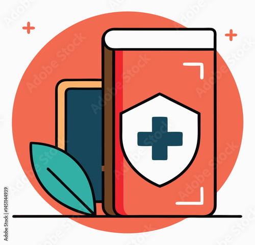 Orange container featuring a white shield symbol with plus sign rests near blue card and leaf