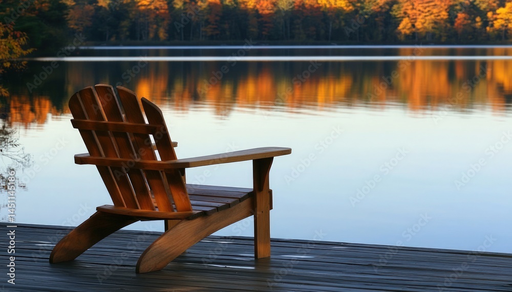 Fototapeta premium Wooden chair on a lake shore with autumn foliage reflecting in water. Peaceful scene with natural light.