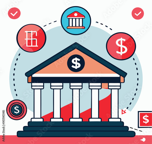 Classical bank facade features dollar symbols, ascending columns, and circular approval markings