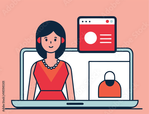 Smiling woman on laptop screen appears next to program window, isolated over pink