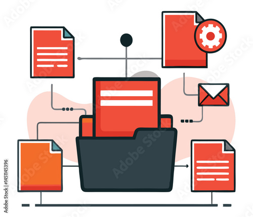 Data transfer shows various documents connecting to a gray folder with red files inside