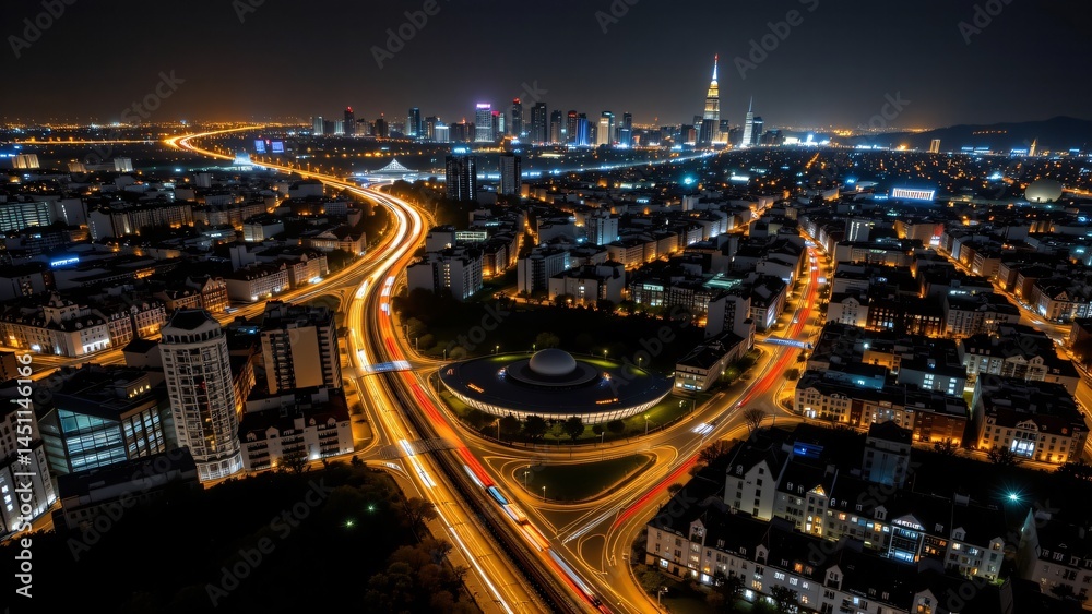 Fototapeta premium Nighttime urban landscapes city skyline and traffic trails vibrant cityscape night environment aerial view modern urban concept