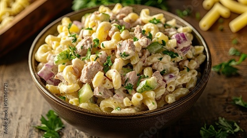 A bowl of freshly made macaroni salad with tuna and crunchy vegetables, placed on a wooden table with scattered ingredients.
