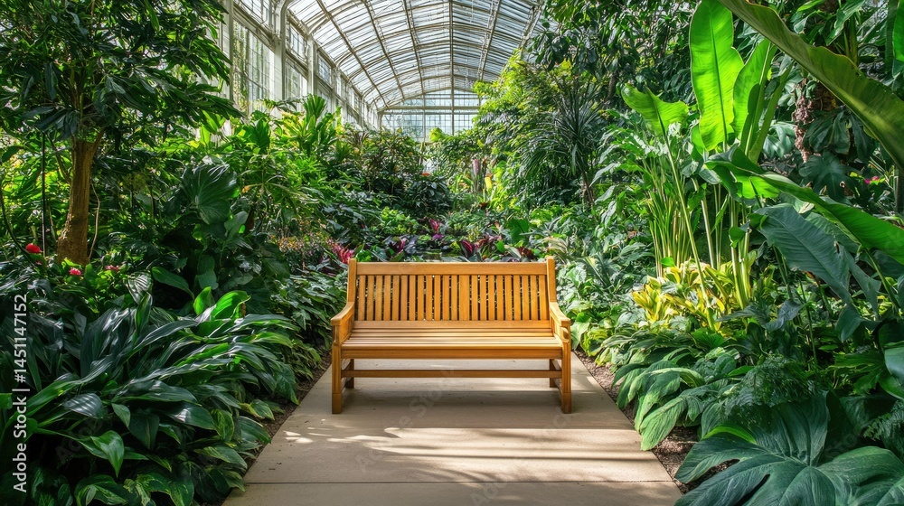 Fototapeta premium A classic wooden bench under a towering tree in the Royal Botanic Gardens, London, surrounded by vibrant greenery.