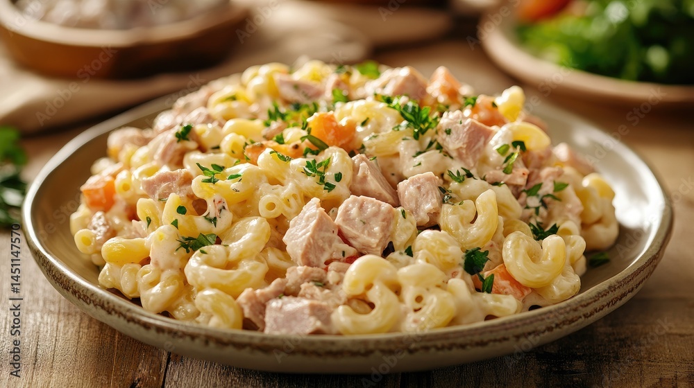 A creamy, colorful macaroni salad with tuna and mixed vegetables, plated beautifully on a wooden table. A creamy, colorful macaroni salad with tuna and mixed vegetables, plated beautifully on a wooden table.