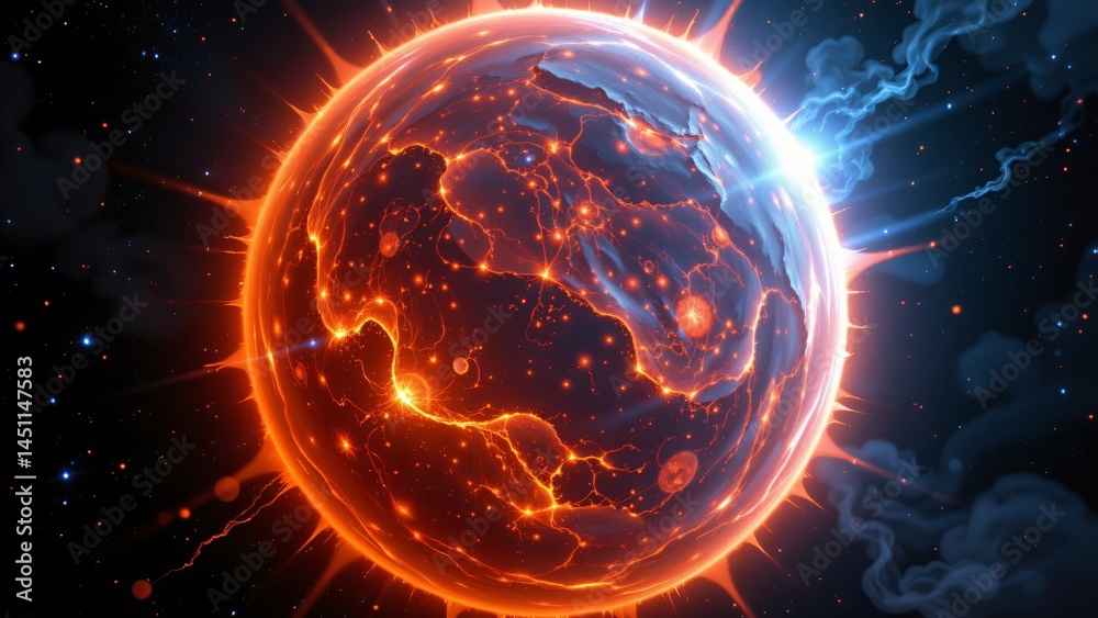 Obraz premium Explosive cosmic collision of fiery planet outer space digital artwork imaginative environment close-up perspective universe concept for seo impact
