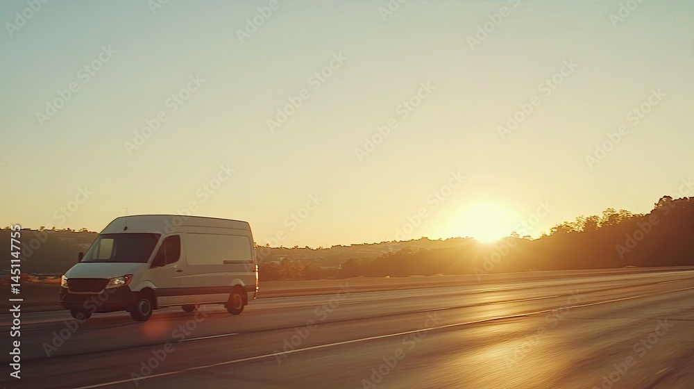 Obraz premium A delivery van moves along the highway at sunset, golden hues reflecting on its clean white exterior.