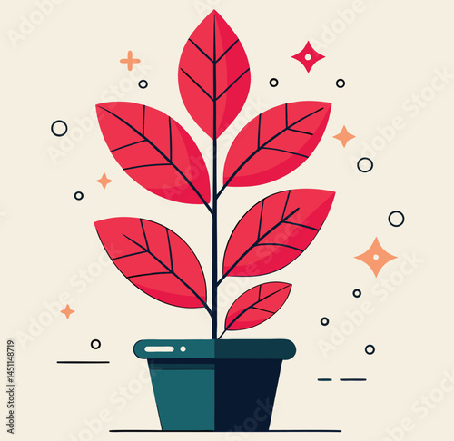 Red plant in a blue pot radiates beauty against simple shapes and lines on light background