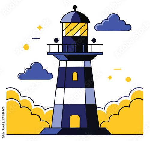 Stripped navy lighthouse stands tall among fluffy yellow and blue clouds on white background