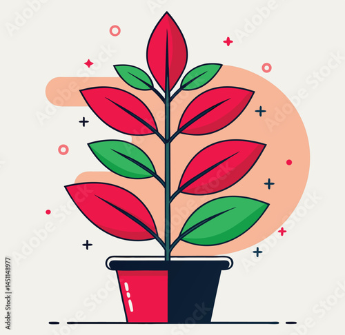 Vibrant plant with red and green leaves sits inside a divided pot within the scene