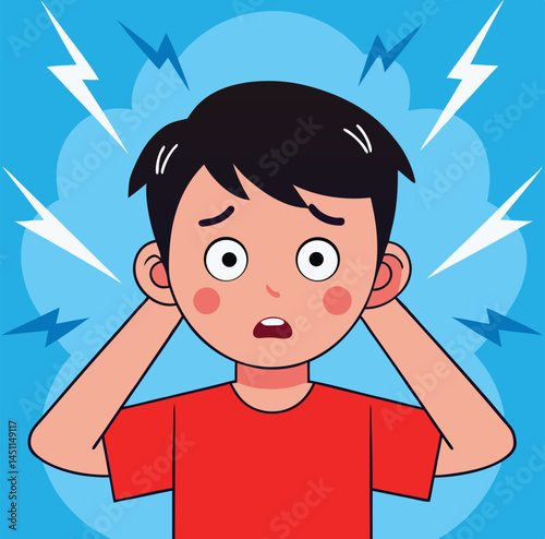 Cartoon boy with black hair, looks shocked and covers his ears amidst lightning