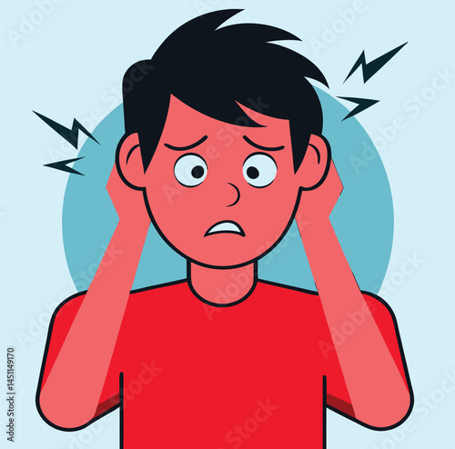 Distressed young man covering his ears while having headache with electric effect near head