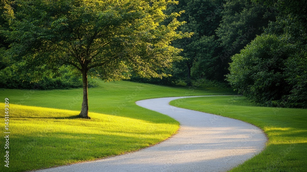 Obraz premium A lone tree stands tall in a peaceful park, with an empty pathway winding beside it, perfect for copy space.