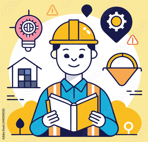 Smiling civil engineer in hardhat reads a book amidst construction icons on a pale yellow backdrop