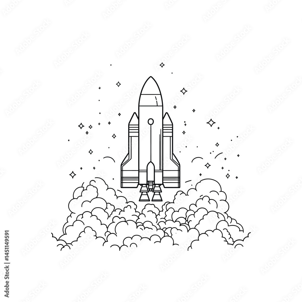 Fototapeta premium Rocket Launching with Clouds and Stars on Transparent Background Linear Style