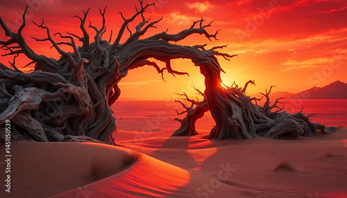 Vibrant Pixelated Sunset Landscape with Weathered Tree Arch on Sand Dune Featuring Fiery Red and Orange Hues Creating Warm Retro Digital Art Background