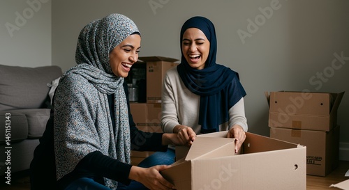 Wallpaper Mural Two Happy Women Unpacking Boxes in Their New Home Torontodigital.ca