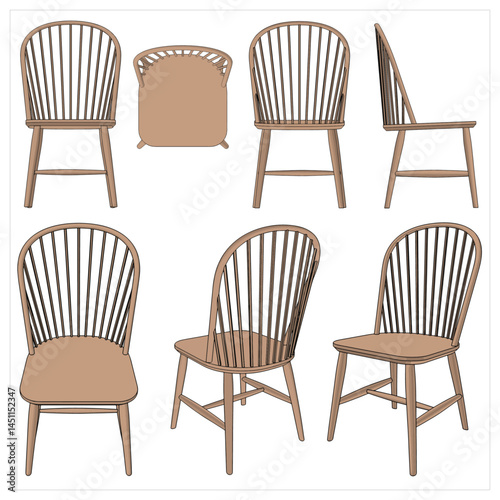 Fototapeta Naklejka Na Ścianę i Meble -  wooden chair. Vector images are produced from the auto tracing process. View from Perspective, front, top, side, back