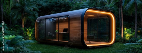 Contemporary eco-friendly office pod surrounded by lush greenery in a serene forest setting at night