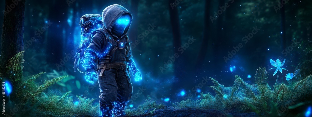 A futuristic traveler exploring a mystical forest illuminated by glowing blue elements and enchanting flora A futuristic traveler exploring a mystical forest illuminated by glowing blue elements and enchanting flora