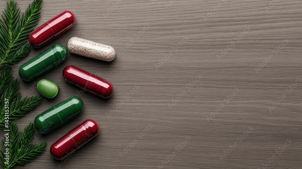 Aesthetic arrangement of colorful herbal capsules on a wooden surface complemented by fresh green foliage Aesthetic arrangement of colorful herbal capsules on a wooden surface complemented by fresh green foliage