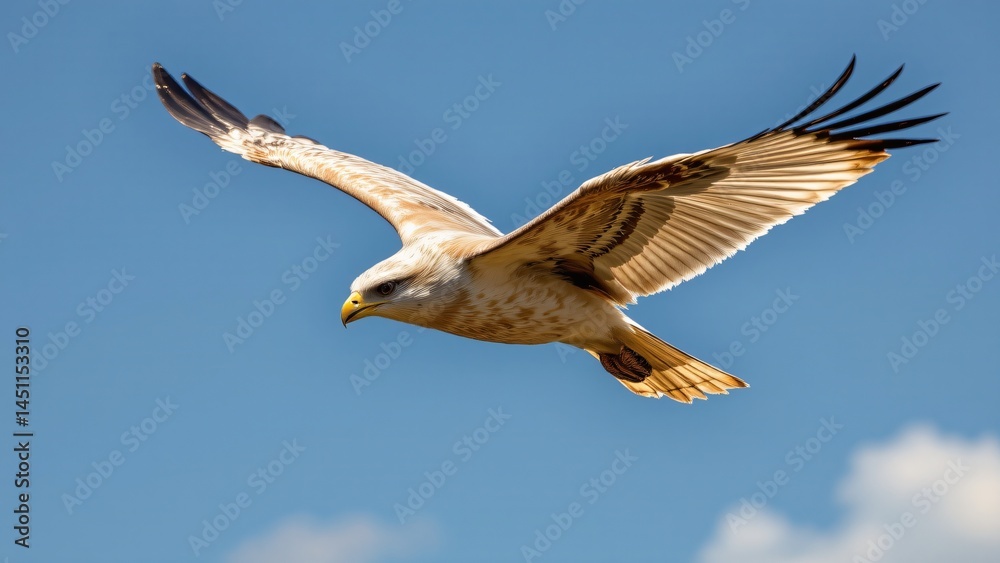 Obraz premium Majestic flying hawk displays impressive aerial skills over open blue sky wildlife photography nature environment captured in stunning detail
