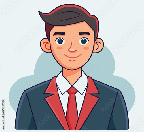 Cartoon executive smiles while wearing a dark suit and striking red tie over a white background