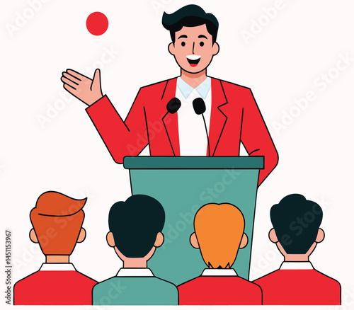 Smiling man in red suit speaks before an audience from behind a podium