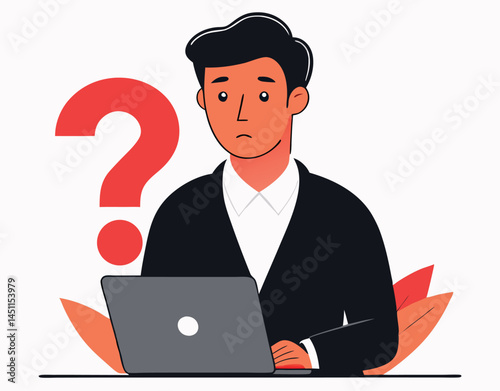 Confused man with a laptop stares at a big question mark, feeling uncertain