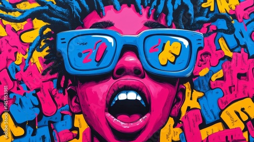 Vibrant and expressive portrait of a young individual with colorful graffiti background, showcasing excitement and creativity in urban culture