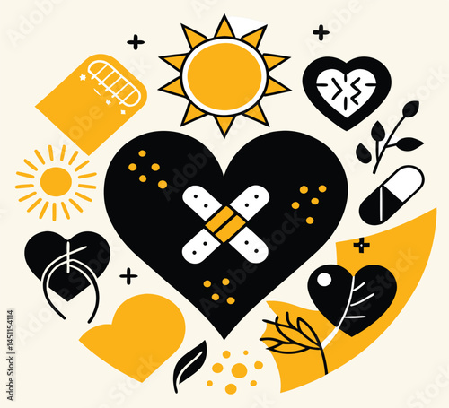 Black heart with band aids, hearts, sun, pill, and plant leaf elements compose round shape
