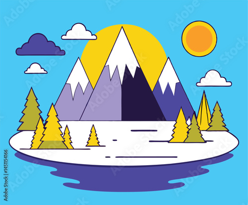 Cartoon mountains behind yellow and green trees stand peacefully beneath a blue sky landscape
