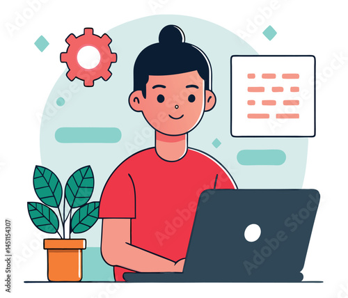 Animated woman in red shirt uses a laptop near potted plant art
