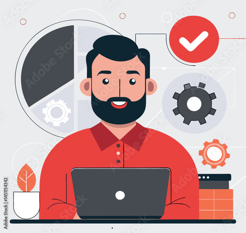 Smiling Caucasian man working from home using laptop amidst tech icons shows vector