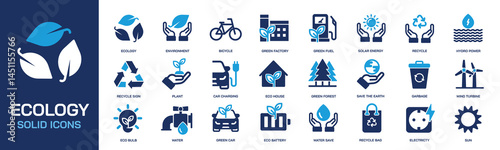 Ecology solid icons collection. Containing environment, recycle, renewable energy. Perfect pixel on transparent background. Vector illustration.