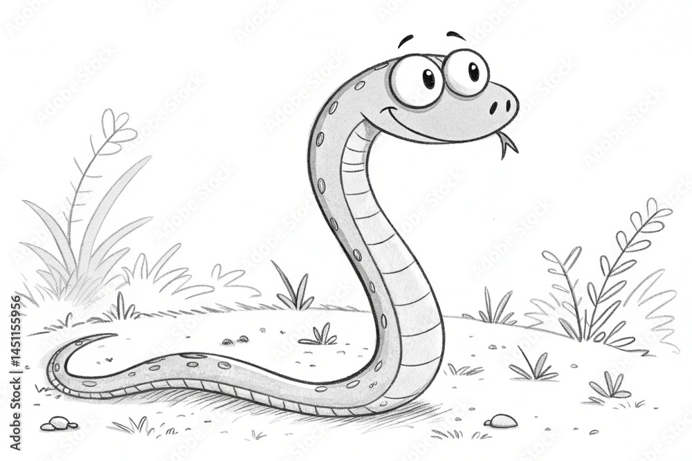 Fototapeta premium a snake in simple black and white line drawing, in a style similar to the quirky and whimsical illustrations. The composition is simple, with only one subject in the center - generated by ai