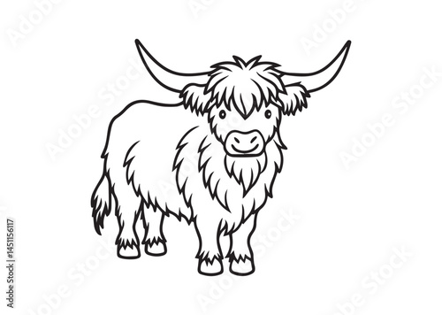 Hand-Drawn Highland Cow Doodle Line Art Drawing, Perfect for Modern Wall Art, Coloring Pages, and Creative Design Vector