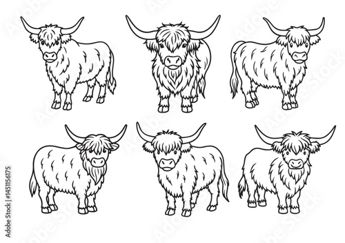 Hand-Drawn Highland Cow Doodle Line Art Drawing, Perfect for Modern Wall Art, Coloring Pages, and Creative Design Vector Set