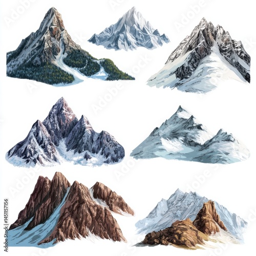 Majestic mountain ranges a collection of diverse peak illustrations for travel and nature imagery