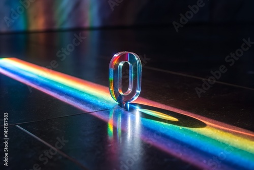 Rainbow Spectrum Zero: A crystal-clear number zero stands in a beam of rainbow light, casting a vibrant, colorful shadow on a dark reflective surface.