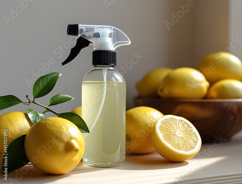 Eco-conscious lemon spray cleaner made from organic ingredients, surrounded by fresh citrus, symbolizing green lifestyle, non-toxic cleaning, and natural household care


