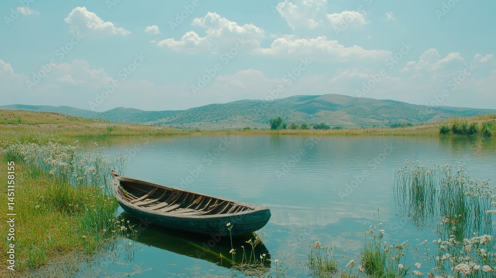 Rustic boat on tranquil lake, hills in background Rustic boat on tranquil lake, hills in background