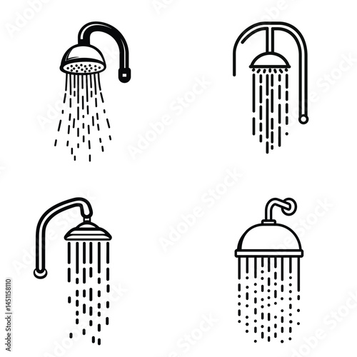 Shower Head Icon Set with Water Droplets, Line Art Style on Transparent Background