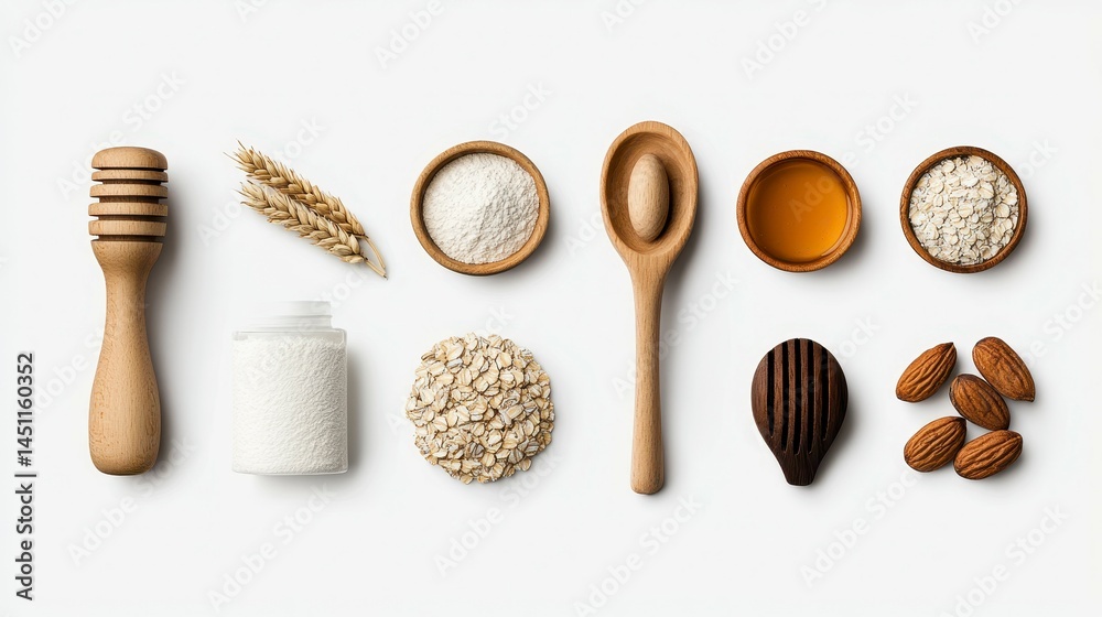 An arrangement of natural ingredients highlighting oats, honey, and almonds for healthy cooking and baking inspiration An arrangement of natural ingredients highlighting oats, honey, and almonds for healthy cooking and baking inspiration