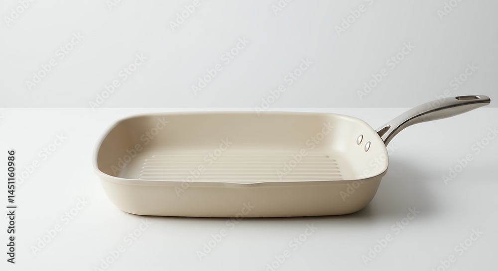 Empty beige square frying pan on white background Empty beige square frying pan on white background