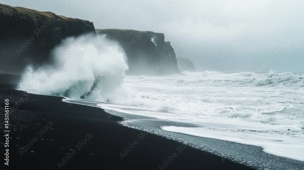 Fototapeta premium Dramatic seascape with crashing waves on a black sand beach near cliffs