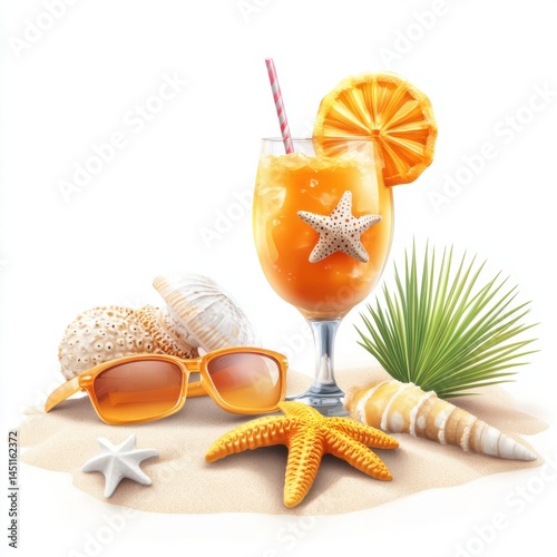 Orange cocktail illustration with summer elements