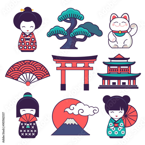 set of vector japanese  icons. Cartoon stickers and pins.